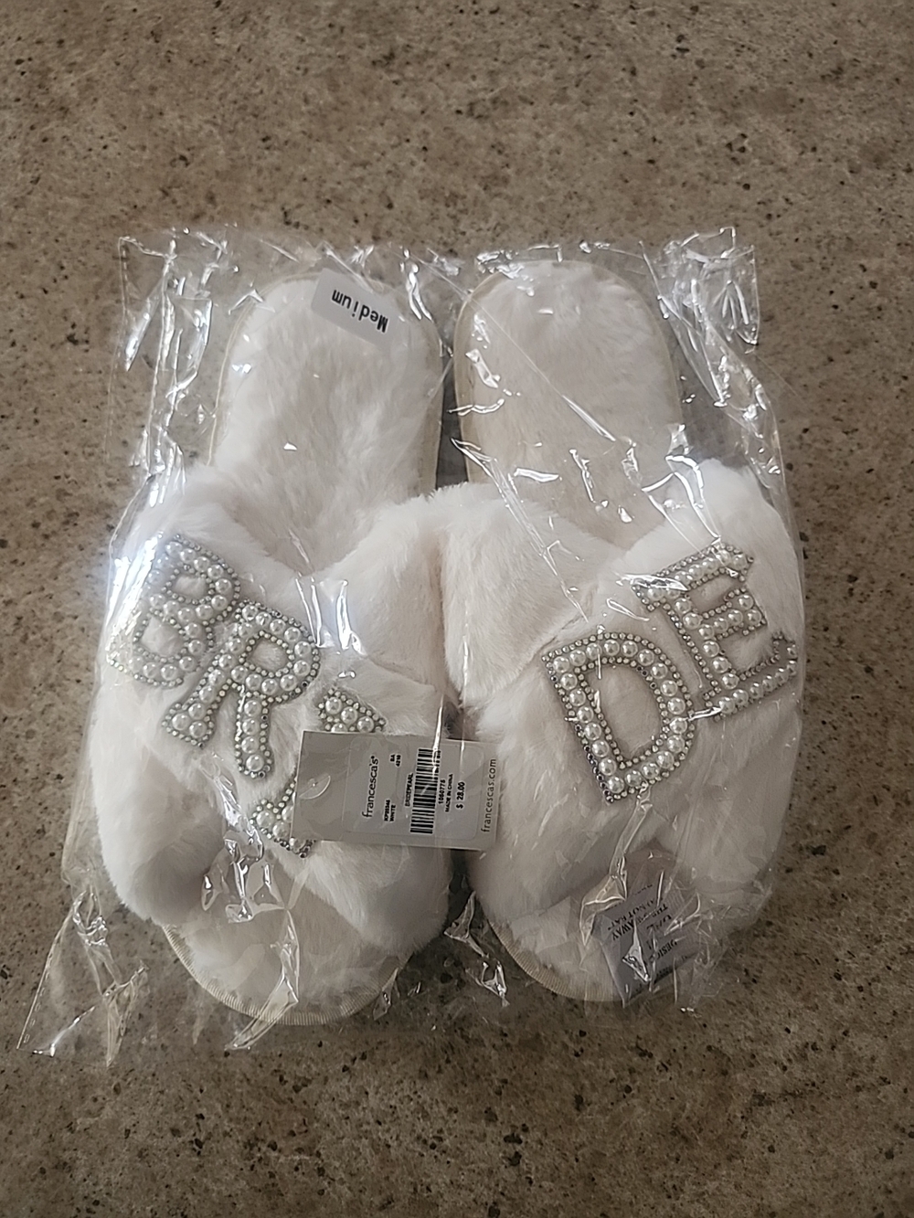Francesca's Cream Faux Fur Slide Slippers with Pearl Lettering. Size 38-39